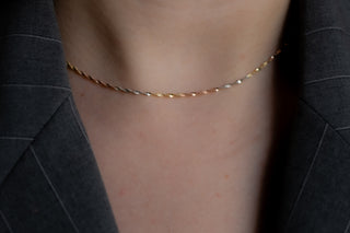 Silver and gold necklace close up shot.